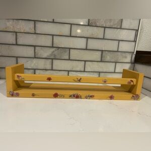 Hand painted yellow wooden wall shelf with  floral and bird decals